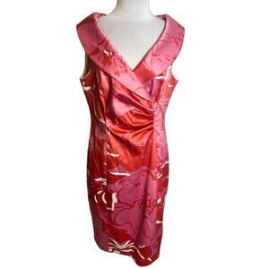 KAY UNGER Floral Satin Shawl Collar Dress Pink Coral Lined Sz 12